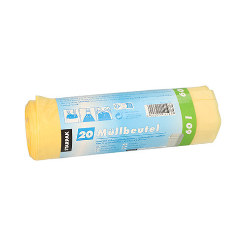 180 Müllsäcke mit Zugband, HDPE 60 l 71 cm x 64,5 cm gelb