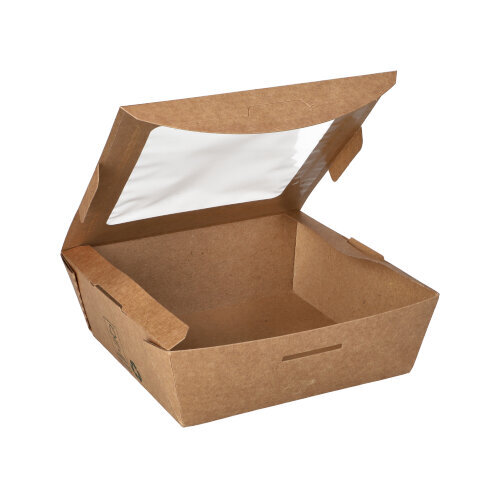 120 Feinkostboxen, Pappe mit Sichtfenster aus PLA eckig 650 ml 4,5 cm x 12 cm x 12 cm braun "100% Fair"