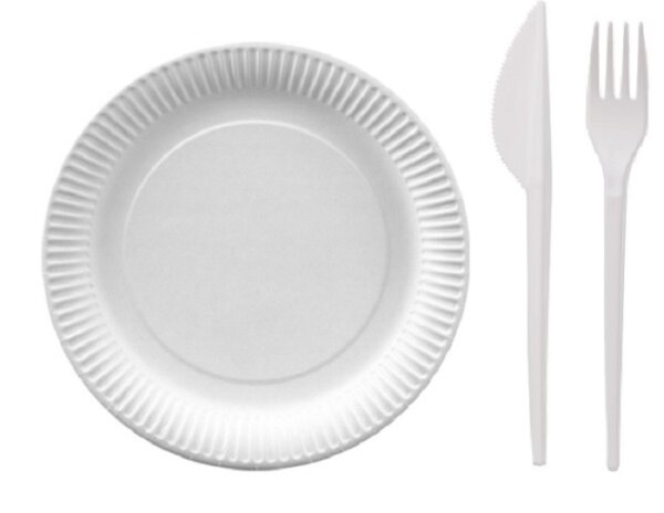 Party-Set:100 Pappteller 23 cm + 100 Kunststoffmesser + 100 Kunststoffgabeln Einwegbesteck