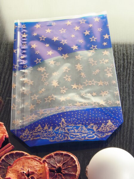 100 Bodenbeutel blau Sterne Gold 145 x 235 mm PP Beutel Weihnachten Weihnacht...