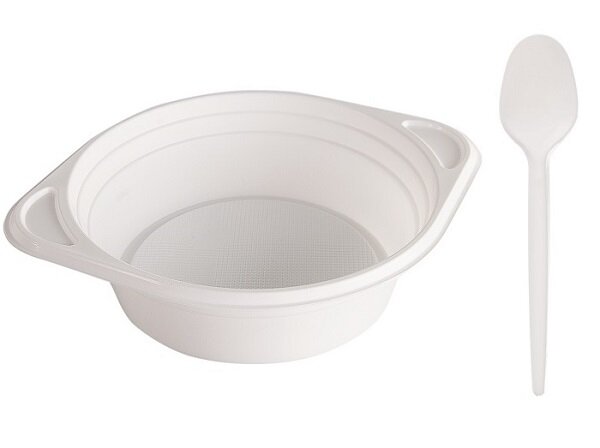 100 Suppenterrinen 500 ml & 100 Löffel, Einweg Geschirr Set Zubehör Grillen Weiß